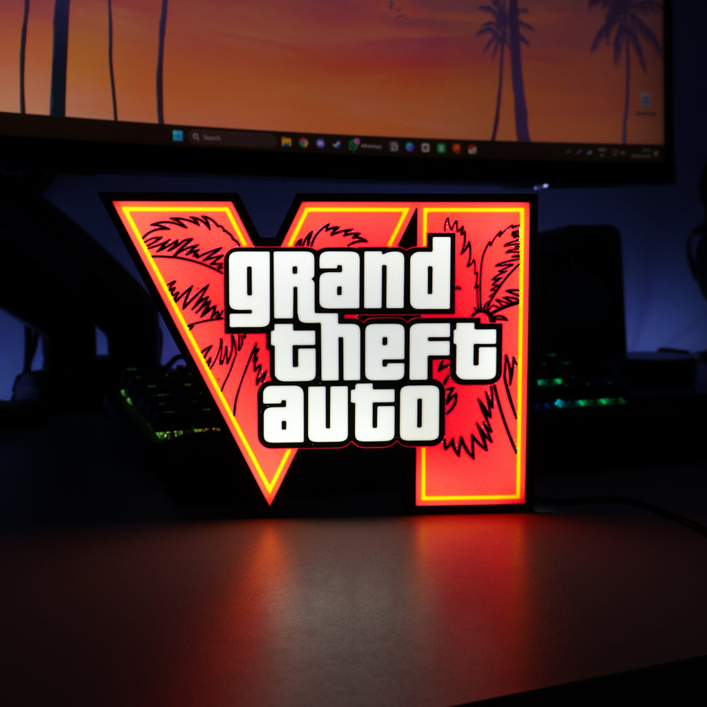 Caixa de Luz LED Inspirada em GTA VI – Decoração de Gaming 3D com USB